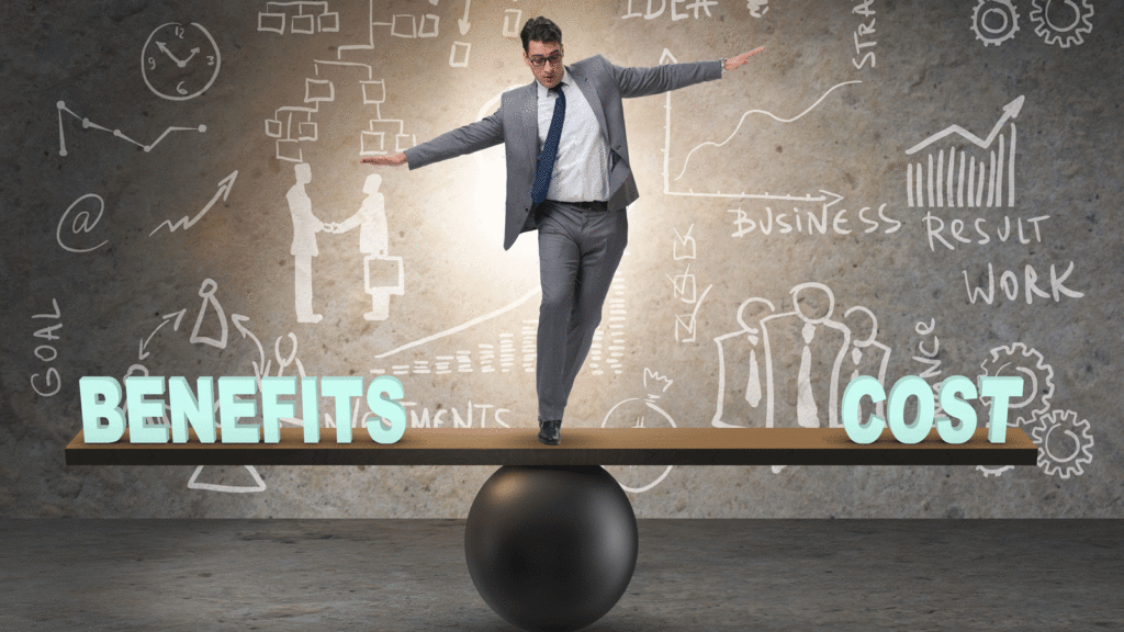 A accountant is balancing benefits and cost over a ball and plank